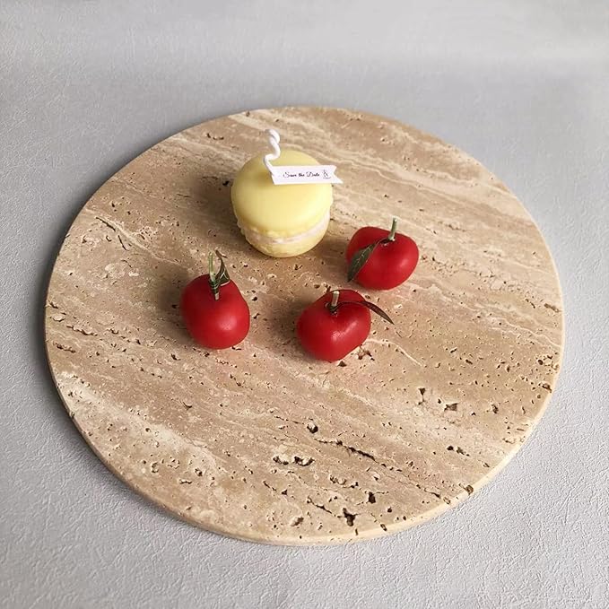 Natural Round Marble Tray Smooth Pastry Board for Desserts, Cheese, Coffee, Matte on Both Sides (Beige Travertine)