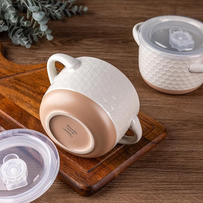 AmorArc 24 Ounces Soup Bowls with Large Handles and Lids, Stoneware Bowls Set of 2 for Soup,Stew, Noodle, Ceramic Kitchen Bowls With Embossed Patterns, Microwave&Dishwasher Safe, Light Beige