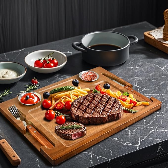 Acacia Wooden Steak Plates Board for Eating Set of 2,15.7" Meat Cutting Boards for Steak Food Serving Tray with Fork, Knife & Ramekins,Charcuterie Platter for Kitchen, BBQ & Entertaining