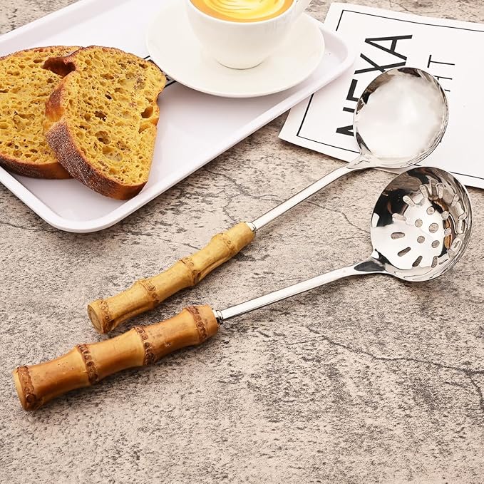 6-Piece Bamboo Silverware Set, Stainless Steel Flatware Hostess Serving Set Bamboo Utensils Tableware Set for Home Camping Travel Hotel - 2pcs Soup Spoon and 2pcs Slotted Spoon