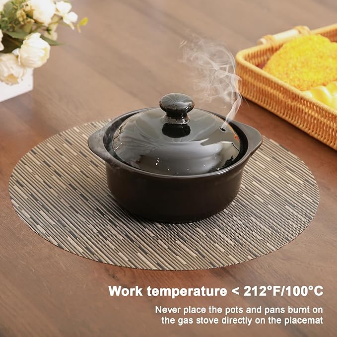Round Placemats Set of 6 Heat Resistant Vinyl Placemats 15 inch Washable Non-Slip Table Mats Woven Place Mats for Dining Table (Black + Golden, Set of 6)