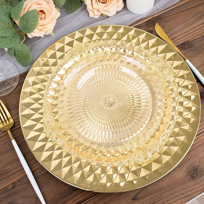 Efavormart 6 Pack | 13" Sparkling Gold Diamond Disposable Dinner Serving Plates, Shiny Round Plastic Charger Plates