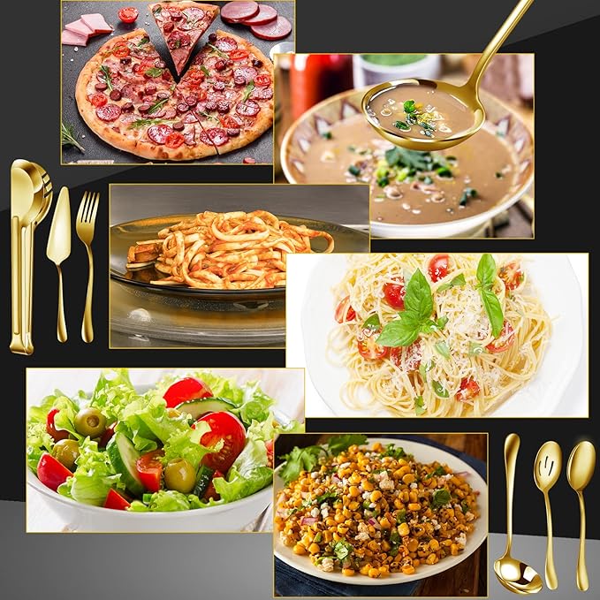 Thenshop 30 Pcs Stainless Steel Serving Utensils Set Flatware Set Include Large Serving Spoons Slotted Spoons Forks Soup Ladle Pie Server and Tongs for Buffet Party(Gold)