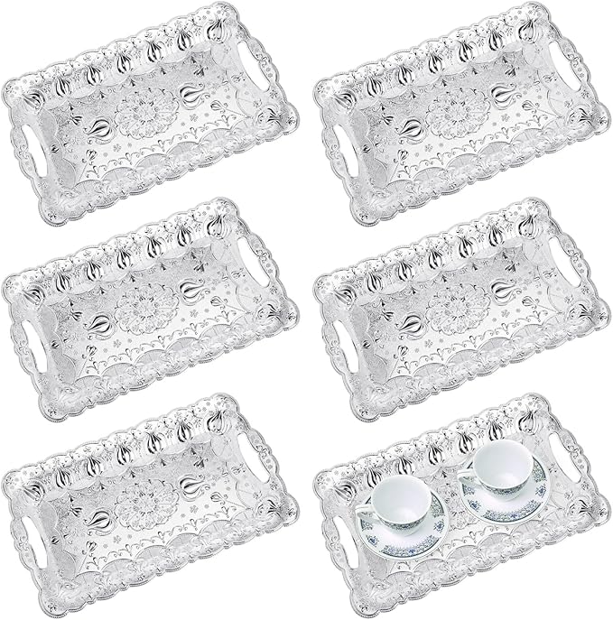 LemonRoad 6 Packs Plastic Silver Serving Trays with Handles 17 x 11 Inch Retro Vintage Embossing Rectangle Reusable Party Snack Decorative Serving Trays for Tea Coffee Fruit Dessert