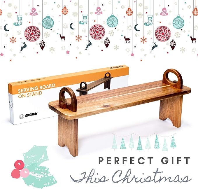 Acacia Wooden Serving Board on Stand – Raised Wood Serving Trays Platter – Home Kitchen Countertop Organizer Shelf & Large Charcuterie Tray for Cheese Party Food 21.5 X 6 x 8.7 inches