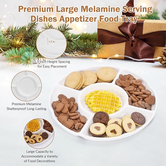 GENMOUS Chips and Dip Serving Tray, 13" Divided Serving Trays for Dips Candy, Water Hyacinth with 5 Sectional Melamine Appetizer Relish Trays for Parties