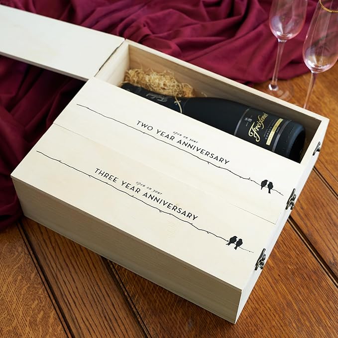 Twine Newlywed's Anniversary Wooden Gift Box with Lids and Brass Latches, Fits 3 Standard Wine Bottles, Wedding Keepsake Boxes, Decorative Storage Case for Mementos