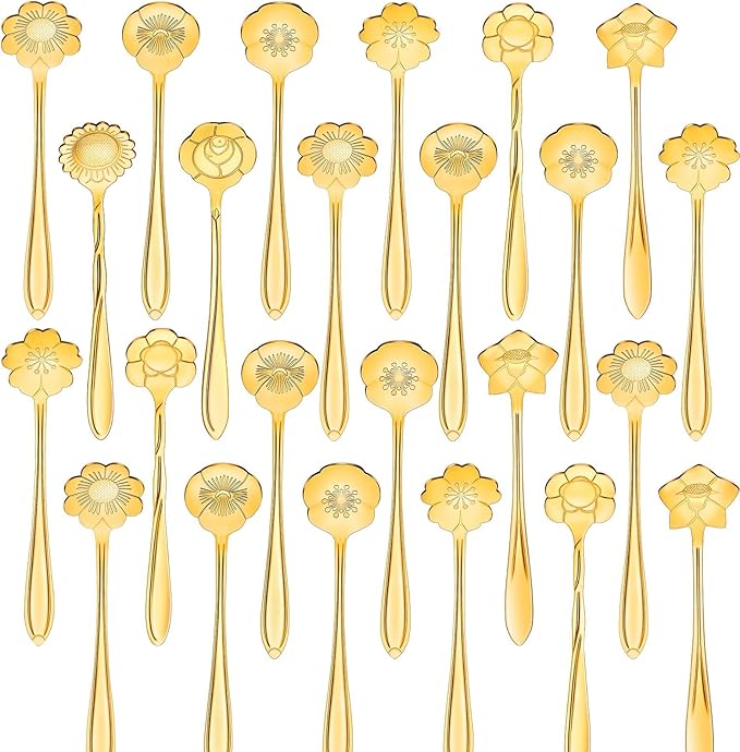 Eboot 24 Pcs Gold Flower Teaspoon Stainless Steel Tea Party Spoons Mini Cute Teaspoon Stirring Coffee Sugar Drink Demitasse Espresso Spoons for Bridal Baby Shower Wedding Party Favors Decorations