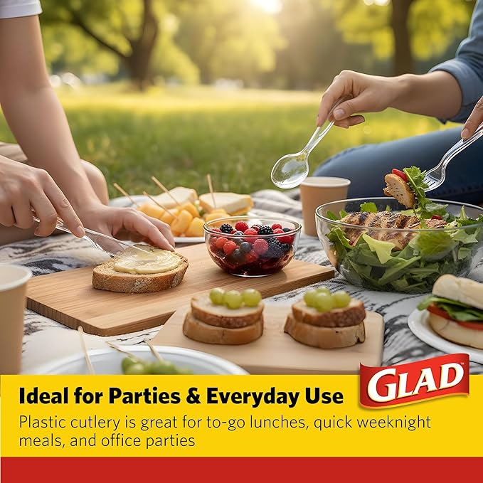 Glad Crystal Clear Assorted Plastic Cutlery Forks, 24 Count | Clear And Heavy Duty Plastic Silverware | 8 Forks, 8 Knives, 8 Spoons | Glad Disposable Tabletop