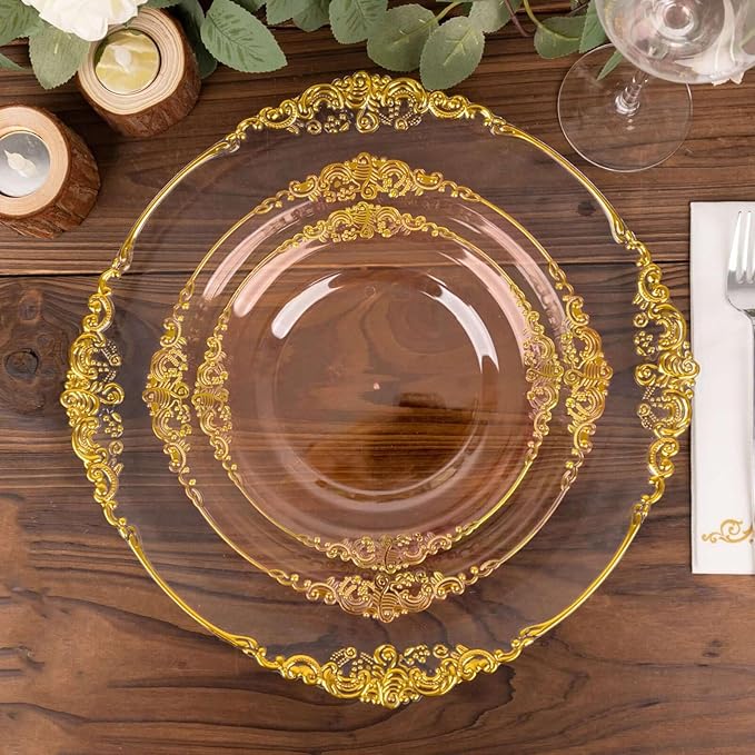 8" Salad Plates -Set of 20 - Plastic Transparent Blush Round Baroque Disposable Chargers Leaf Embossed Rim, Ideal for Dinner Party Wedding Bulk Events