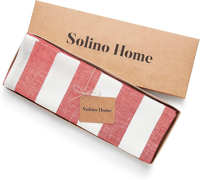 Solino Home Linen Cloth Placemats Set of 4 - Cabana Stripe 100% Pure Linen Red and White Farmhouse Placemats 14 x 19 Inch for Christmas, Holiday, Winter, New Year