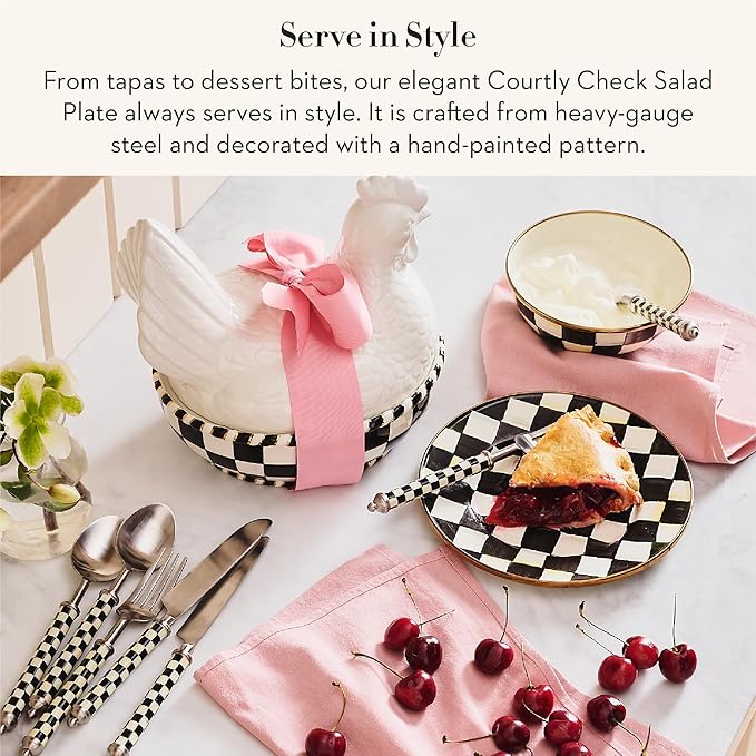 MACKENZIE-CHILDS Enamel Salad and Dessert Plate, Small Plate for a Dessert or Appetizer Dish, 8 Inches, Black-and-White Courtly Check (Pack of 2)