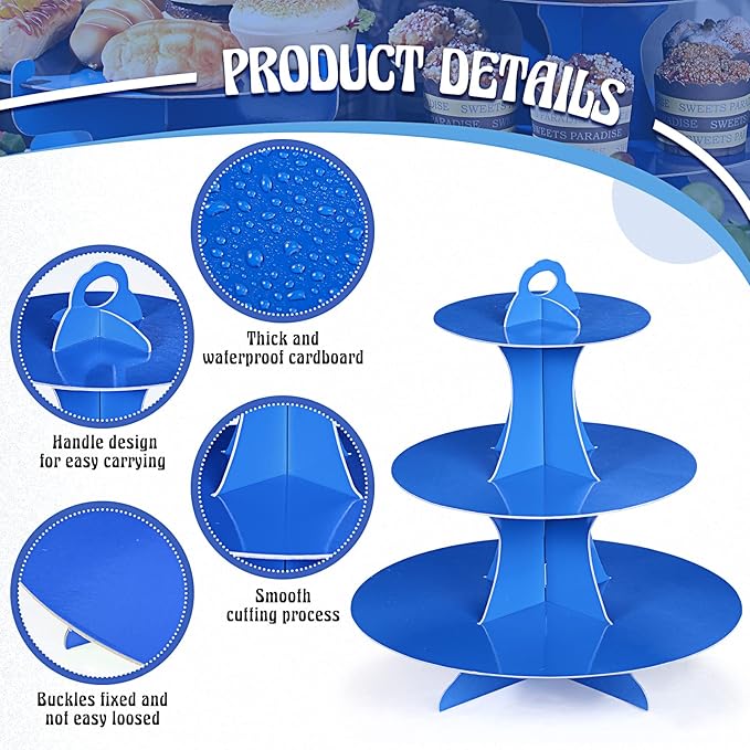 Zopeal 7 Pcs Dessert Table Display Set 3-Tier Cupcake Stand 1-Tier Cup Cake Display Tower Platters and Serving Trays Cardboard Cake Cookie Holders for Wedding Birthday Party Baby Shower(Blue)
