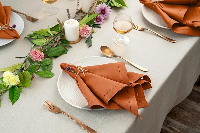 D'Moksha Homes Rust Linen Napkins Set of 6 - Classic Hemstitch 100% Pure Linen Hemstitch Dinner Napkins 20 x 20 Inch for Winter, Christmas, Holiday, New Year - Handcrafted and Machine Washable