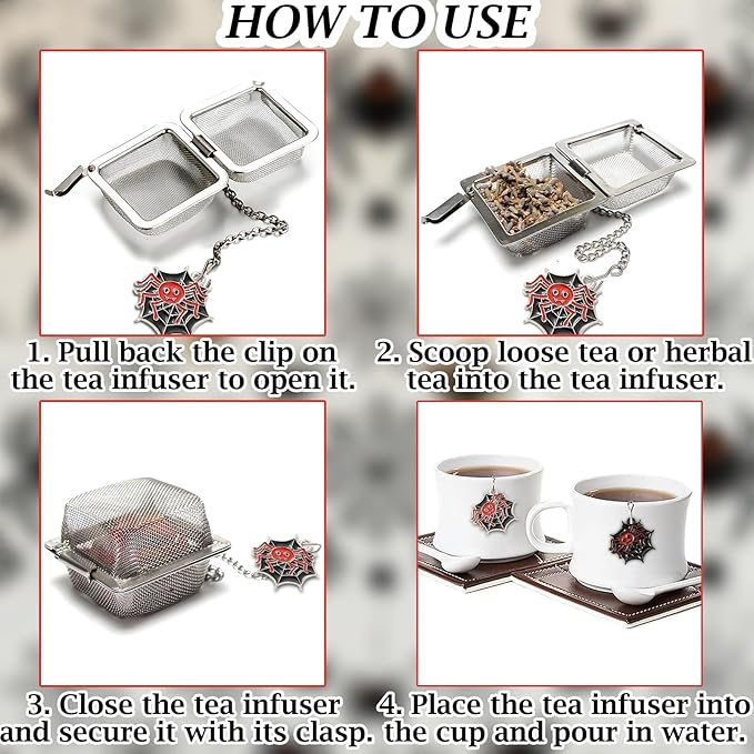 Spider Tea Infuser Set, 2 PCS Cube Tea Strainer Balls for Loose Leaf Tea with Halloween Spider Charm Pendant, Fine Stainless Steel Mesh Tea Diffuser Gift for Tea Lovers