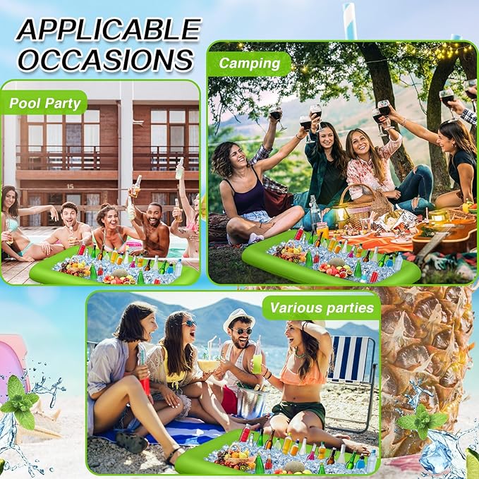 Leitee 3 Pcs Inflatable Serving Bar 52 x 24 x 5'' Ice Buffet Serving Tray Drink Cooler with Drain Plug Inflatable Pool Bar for Party Food Drink Holders with a Hand Pump(Green)