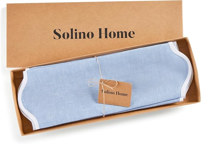 Solino Home Scallop Linen Placemats Set of 4-100% Pure Linen White and Chambray Blue Round Cloth Placemats 16 Inch for New Year, Winter - Giselle Scallop Edge, Handcrafted and Machine Washable