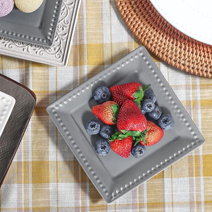 Embossed Dots Square Appetizer Plates Set of 4 & Asian Soup Spoon Set of 6
