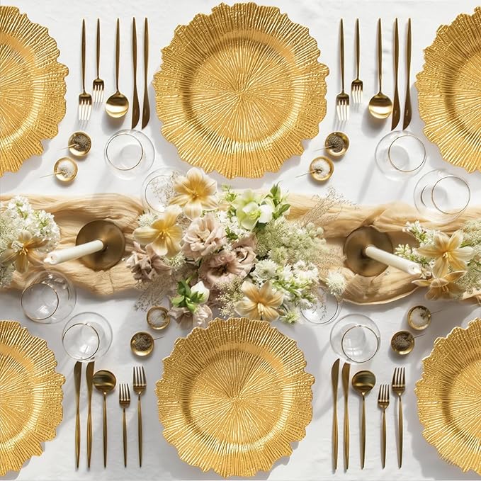 PROY 100 Pcs Gold Charger Plates Bulk, 13" Gold Reef Charger Plates for Wedding, Thanksgiving, Christmas, Plastic Chargers for Dinner Plates