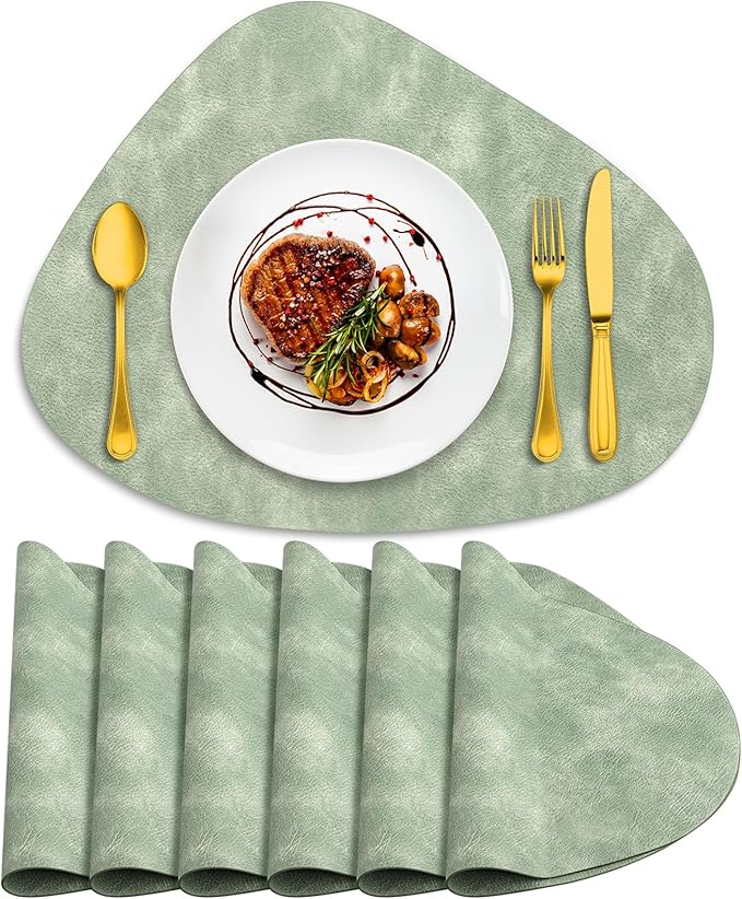 ADRIMER Placemats, Heat Resistant Round Placemats Set of 6 Washable 13 x 17 Inch, Waterproof Table Mats Wipeable for Kitchen, Dining Room Table Christmas Decor, Green