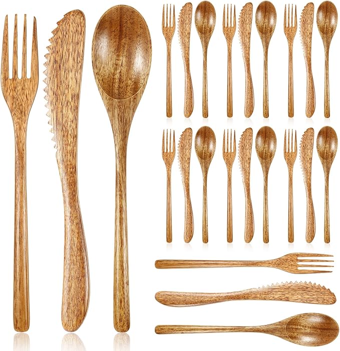 Geiserailie 24 Pcs Wooden Utensils for Eating Set Wooden Spoon Fork Knife Cutlery Set Kitchen Wood Utensils Dinner Flatware Tableware (Acacia Wood)