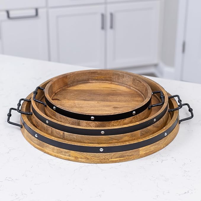 20" Extra Large Round Ottoman Tray, Heavy Duty Mango Wood, for Serving Tea, Breakfast in Bed, Living Room Large Coffee Table Tray Rustic with Farmhouse Style, Decorative Handles and Accent Strap