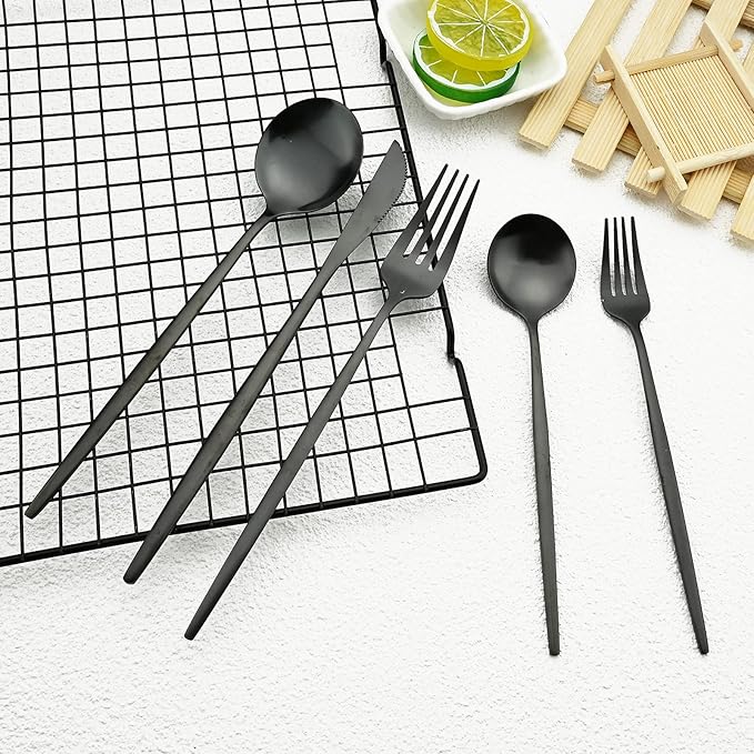 30-Piece Stainless Steel Silverware Set, Attractive Matte Finished Flatware Set, Serving for 6, Classic Cutlery set for Home/Restaurant，Includes Dessert Spoons Forks - Black