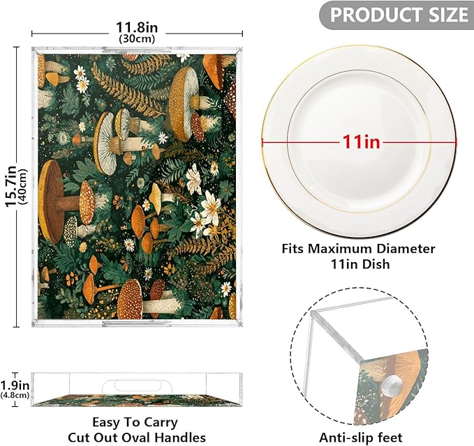 Serving Tray with Handles Clear Acrylic Tray 12x16 Inch Decorative Rectangular Tray Organizer for Ottoman Coffee Table Bathroom Retro Mushroom Leaves Green