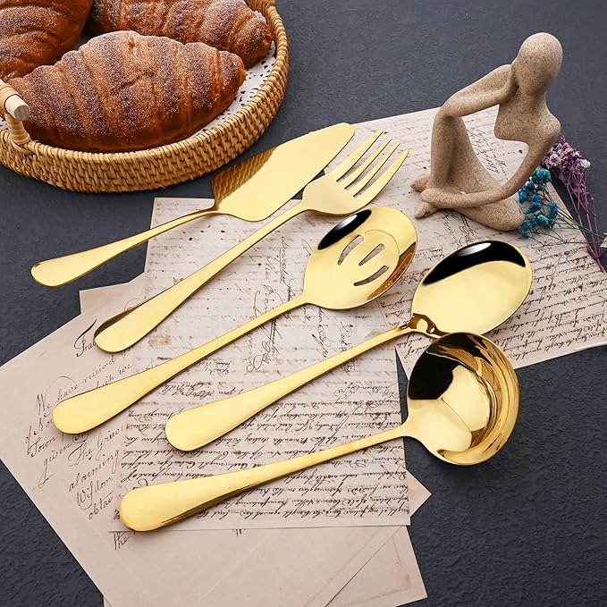 JASHII 25-Piece Fork Spoon Knife Silverware Set with Serving Utensils for 4, Food Grade Stainless Steel Flatware Cutlery Set for Home and Restaurant, Dishwasher Safe - Shiny Gold