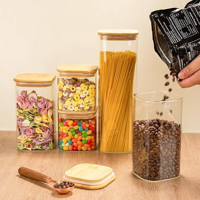 Glass Spaghetti Pasta Storage Container - 5 Pack Airtight Food Storage Jar Set with Bamboo Lid Labels - Square Kitchen Pantry Canister Organizers for Cookies Candy Coffee Bean Sugar Tea Spice Flour