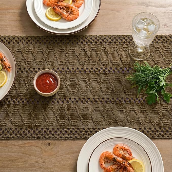 Artoid Mode Light Coffee Farmhouse Woven Rustic Hollow Table Runner, Seasonal Holiday Hollow Kitchen Dining Table Decoration for Home Party Decor 12x36 Inch