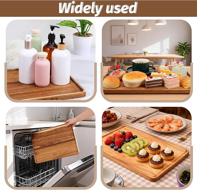 2 PCS 16 x 12 in Large Solid Acacia Rectangular Wood Serving Trays Natural Wooden Boards Serving Platters for Bar Coffee Party Dessert Tray