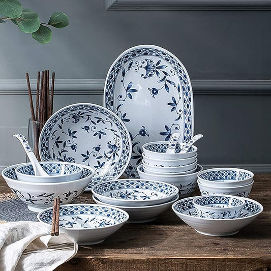 Kitchen Tableware Set,Ceramics Dinner Sets, Blue and White Porcelain Porcelain Dinnerware Set of 45 Simplicity Cereal Bowl and Steak Plate Set for Family Dinner
