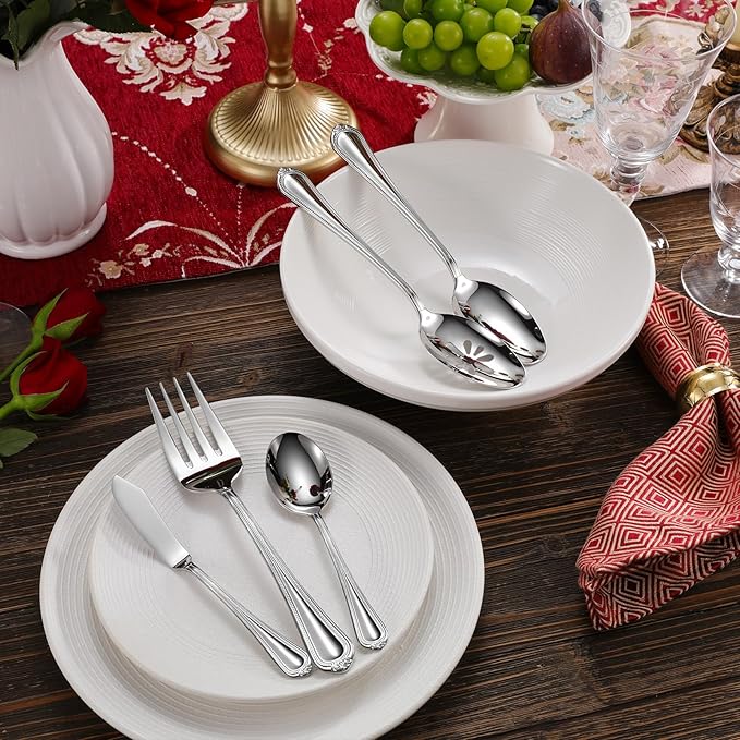 KEAWELL Pearl Edge Premium Serving Spoon Set, 18/10 Stainless Steel, 9" Fine Hostess Utensils with Refined Bead Design, Brightly Polished, Dishwasher Safe (Hostess Serving Set)