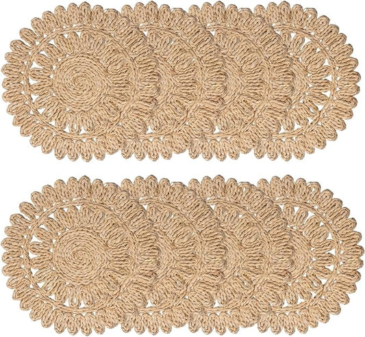 13.8" Round Corn Husk Placemats | Boho Woven Rattan Table Mats | Natural Spring Farmhouse Plate Chargers | Handmade Rustic Wicker Place Mats for Christmas Wedding (Set of 8)