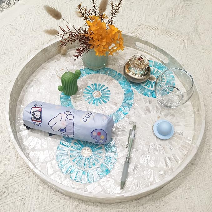 i-lan 18 Inch Round Mother of Pearl Serving Tray, Blue Nacre Inlay Decorative Ottoman Tray with Handles, Handmade Shell Coffee Table Tray for Food, Catering and Home Decor
