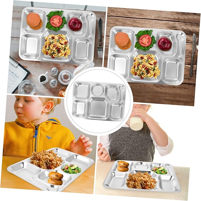 Healifty Stainless Steel Divided Food Serving Tray Sections Compartment Plate for Dining Camping and Picnics Safe and Easy to Clean Eating Plate