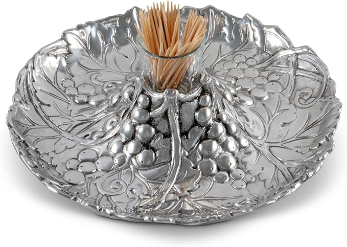 Arthur Court Aluminum Metal Grape Pattern Tidbit Cheese Hors d'oeuvres Tray with Glass for Toothpick - Entertaining Small Platter 10 inch Diameter x 2.25 inch Tall