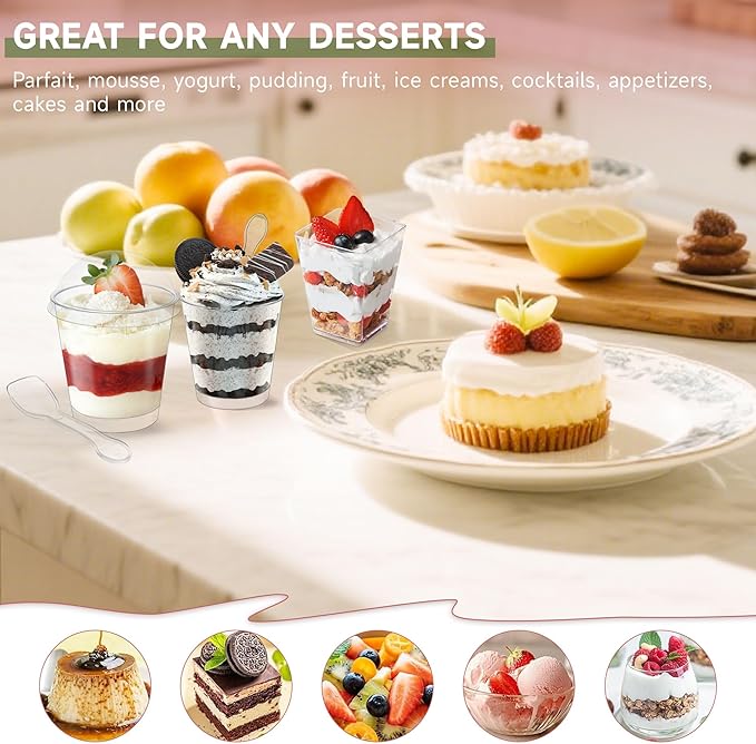 OTOB 300 Pack 6 oz Dessert Cups with Lids and Spoons | Serves 100 | Round Small Yogurt Parfait Cups for Appetizers, Mini Clear Dessert Bowls Cups for Puddings Mousse Ice Cream Fruit Trifle