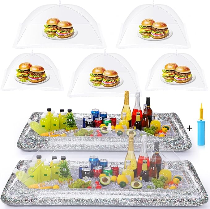 8 Pcs Glitter Inflatable Serving Bar Kit Includes 2 Salad Buffet Tray with Drain Plug 5 Mesh Food Cover 1 Inflator Inflatable Food Drink Containers for Outdoors Pool Party Camping(Silver)