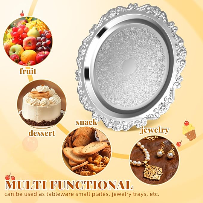 VOSAREA 2pcs Vintage Jewelry Serving Tray and Snack Dessert Plate, Decorative Metal Tray for Home Decor, Family Gatherings, Parties, Iron Jewelry Storage Dish