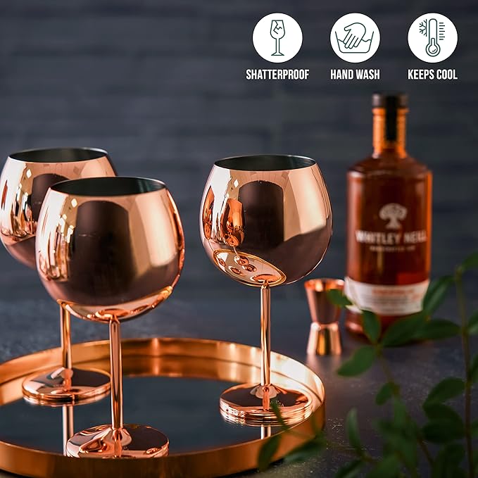 Oak & Steel - 24oz Big Gin and Tonic Glasses Set of 4 (Rose Gold) Stainless Steel, Balloon Glasses, Gin Cocktail for Wedding, Birthday, Beach & Pool Party