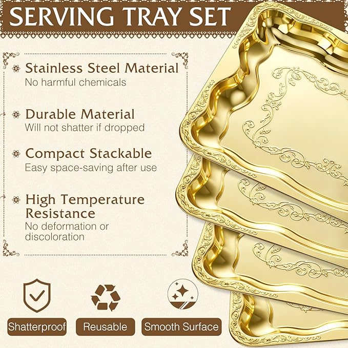 4 Pack Gold Serving Trays Set for Party, Butterfly Floral Gold Platter Engraved Mirror Tray, 15.8 x 11.6 Inches Elegant Metal Plate for Christmas Food Appetizer Cookies Desserts