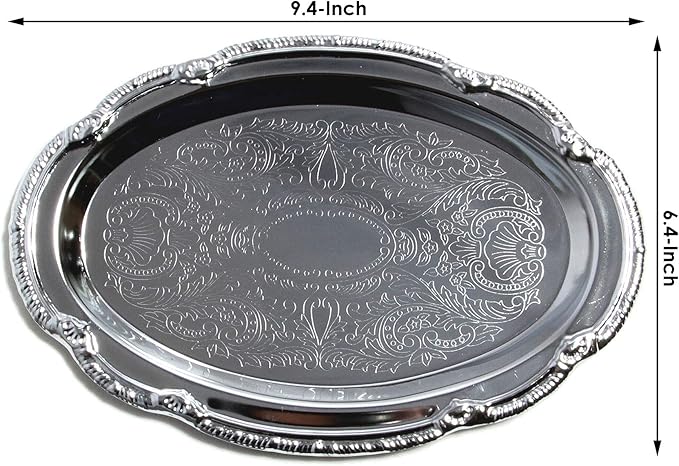 (Pack of 4) 9.4-Inch x 6.4-Inch Oval Shape Chrome Plated Serving Tray Plate Food Art Deco Floral Pattern Engraved Multi-Purpose Party Buffet Wedding Birthday (Small) T125S-4PK