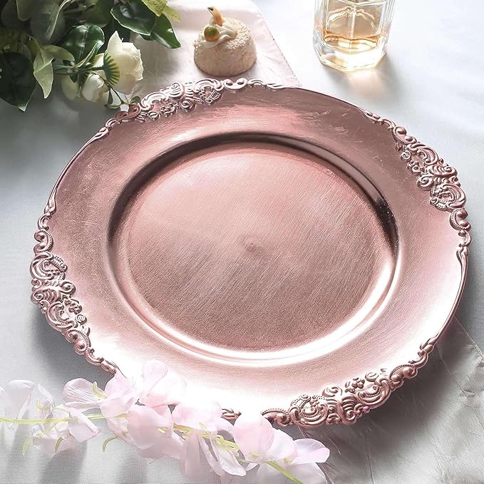 13" Charger Plates -Set of 24 - Acrylic Rose Gold Round Baroque Disposable Chargers Leaf Embossed Rim, Ideal for Dinner Party Wedding Bulk Events