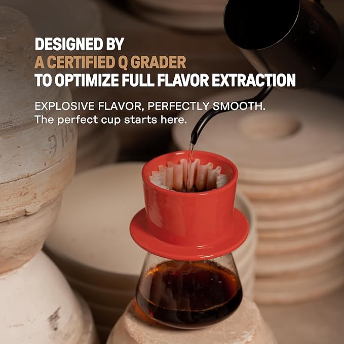 [Holiday Gift] Ceramic Vietnamese Phin Filter by PHINOI - Pour Over Coffee Dripper – 1-3 Cup Coffee Maker with Flower Design – Reusable Coffee Filter for Manual Brewing, Travel Friendly (Red)
