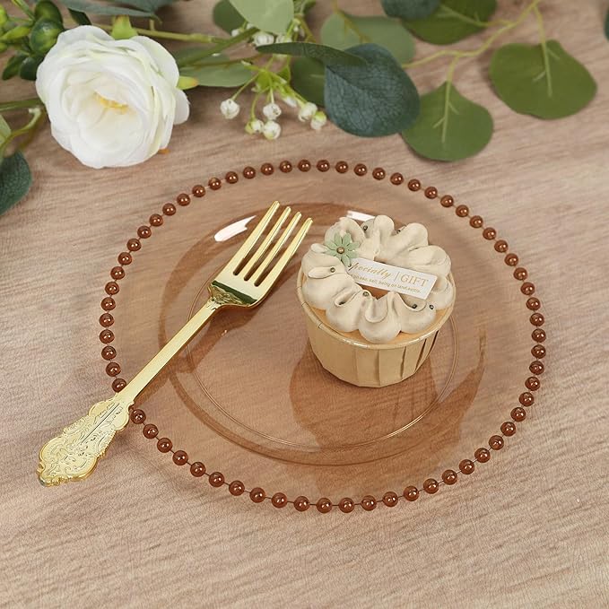 8" Salad Plates - Set of 10 - Plastic Amber Round Disposable Dessert Appetizer Plate with Beaded Rim, Ideal for Dinner Party Wedding Bulk Events
