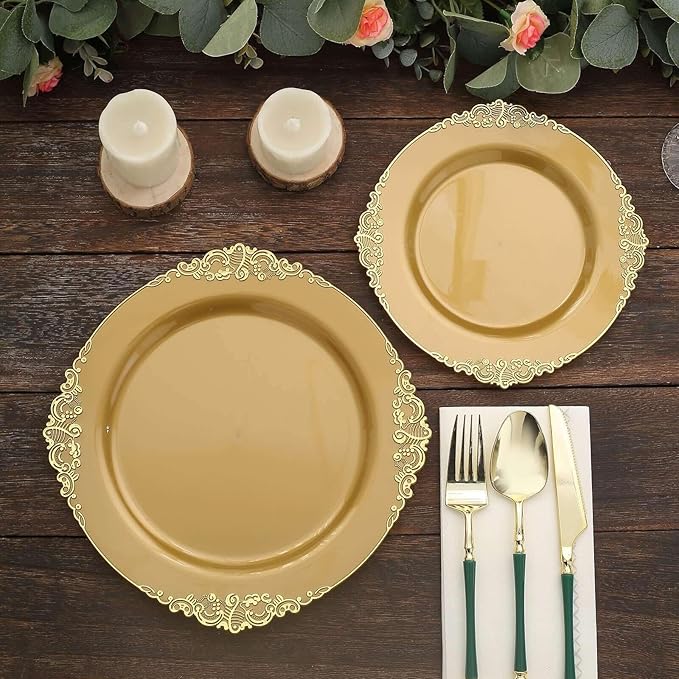 10" Dinner Plates -Set of 20 - Plastic Gold Round Baroque Disposable Chargers Leaf Embossed Rim, Ideal for Dinner Party Wedding Bulk Events