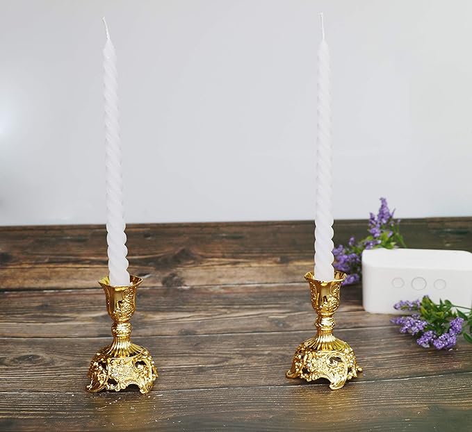 Taper Candle Holders with Deluxe Engraved Design, Set of 2 Premium Candlestick Holders in Gold