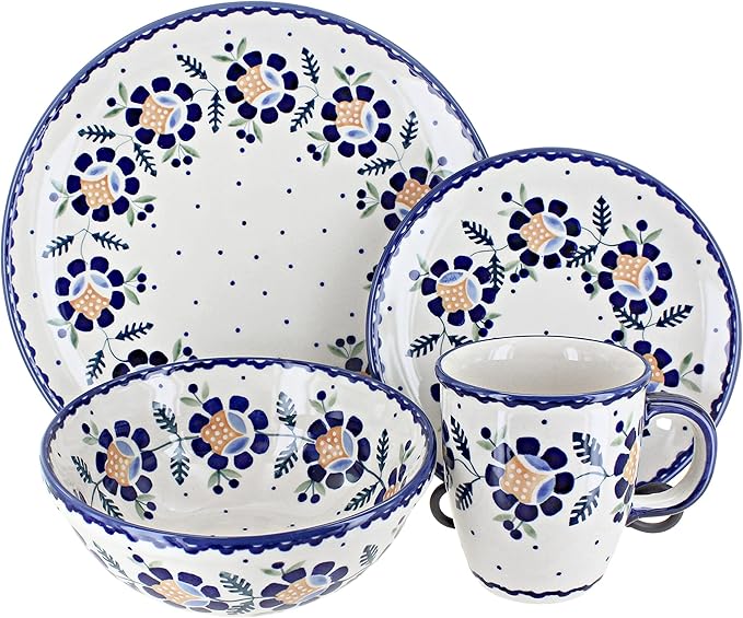 Blue Rose Polish Pottery - Yellow Sunflower 16 Piece Dinner Set - 4 Place Settings - Great for Everyday Dining, Casual Dining, or as Formal Dinnerware